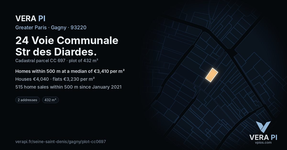 24 Voie Communale Str des Diardes, Gagny at night – the plot lit, the parcels around coloured by the prices near them