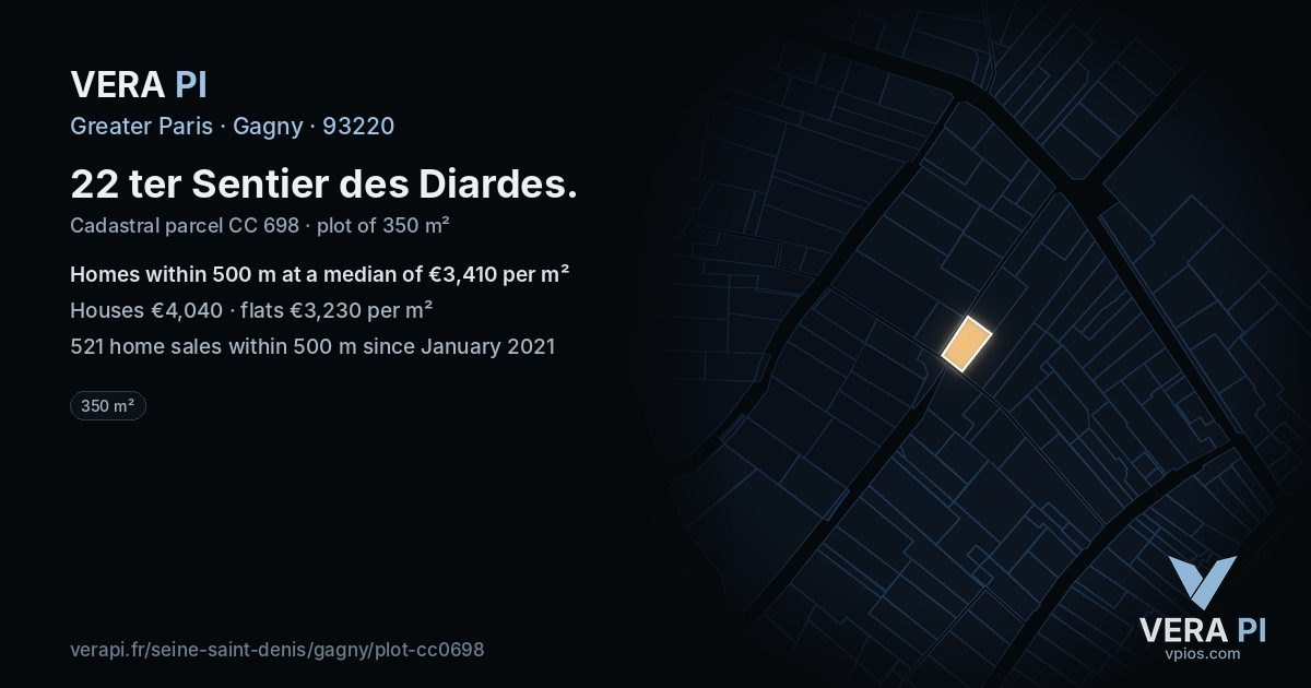 22 ter Sentier des Diardes, Gagny at night – the plot lit, the parcels around coloured by the prices near them