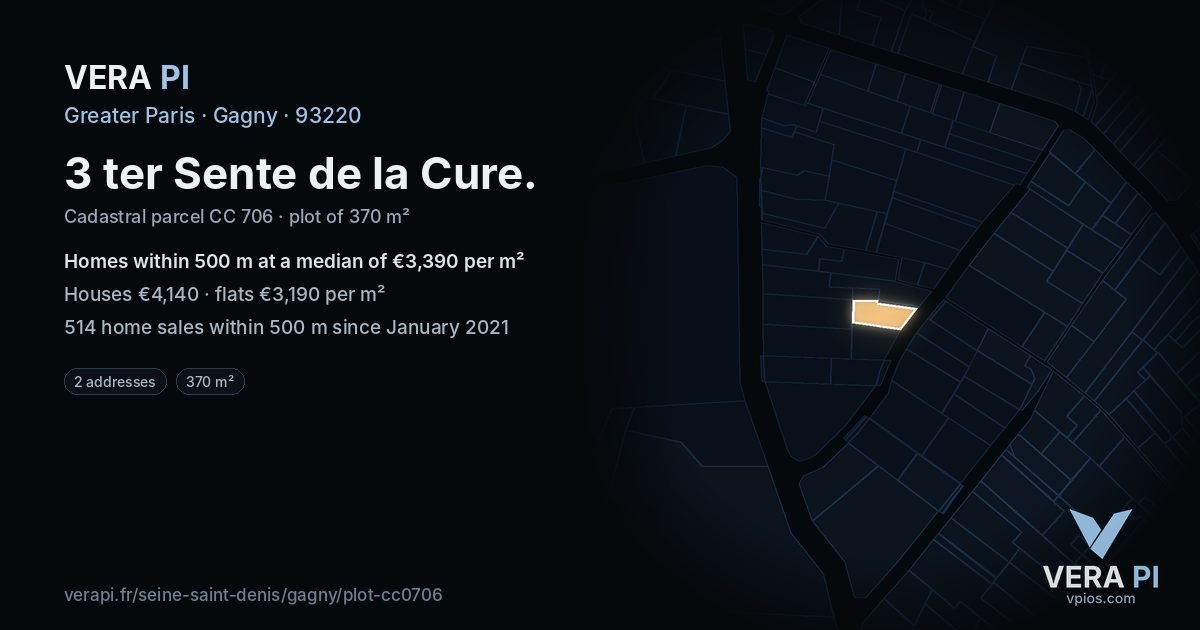 3 ter Sente de la Cure, Gagny at night – the plot lit, the parcels around coloured by the prices near them