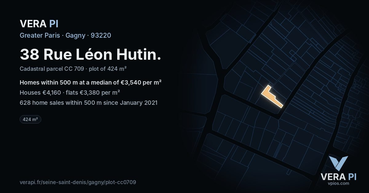 38 Rue Léon Hutin, Gagny at night – the plot lit, the parcels around coloured by the prices near them