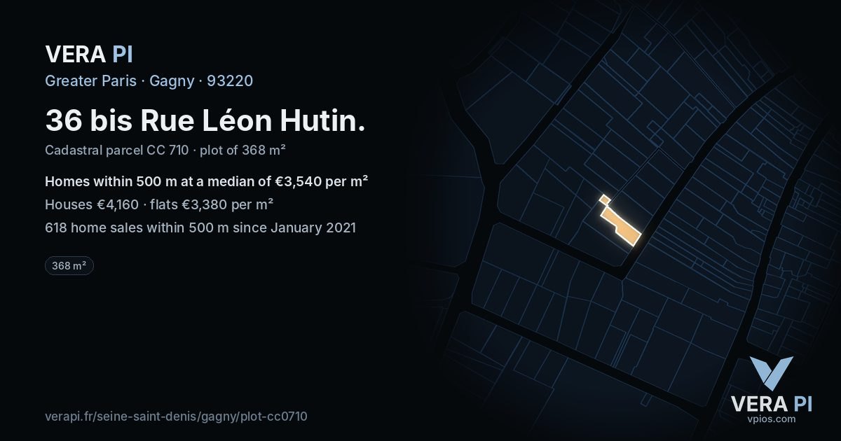 36 bis Rue Léon Hutin, Gagny at night – the plot lit, the parcels around coloured by the prices near them