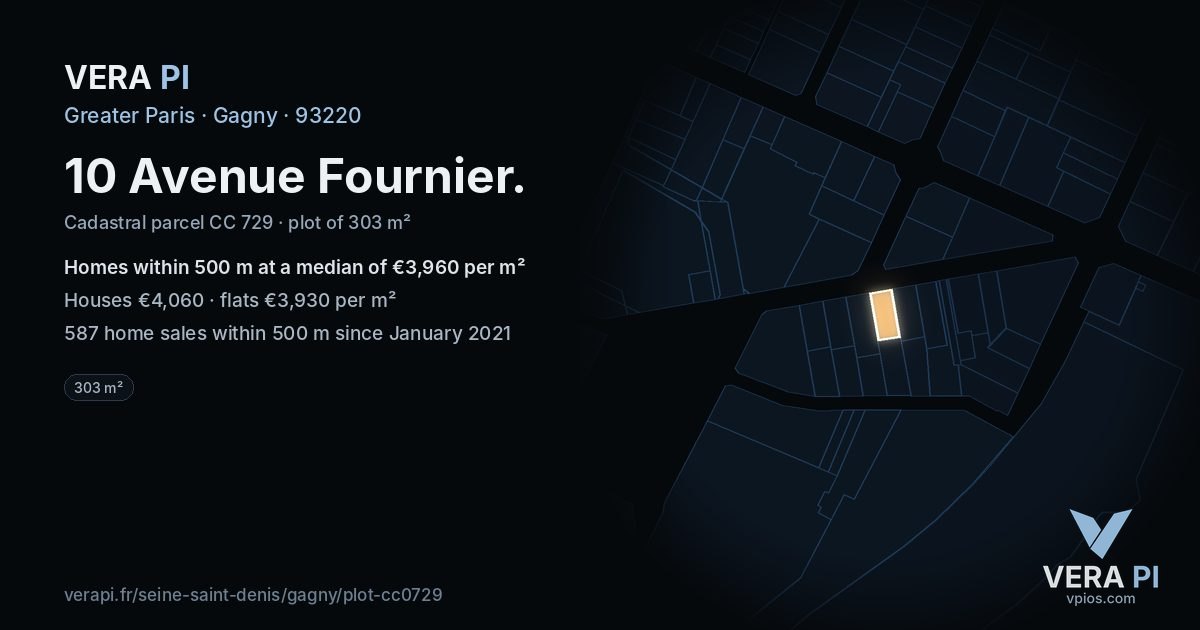 10 Avenue Fournier, Gagny at night – the plot lit, the parcels around coloured by the prices near them