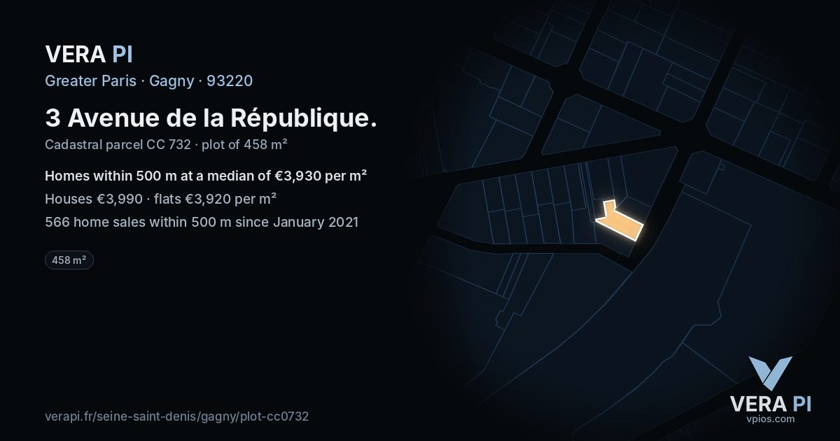 3 Avenue de la République, Gagny at night – the plot lit, the parcels around coloured by the prices near them