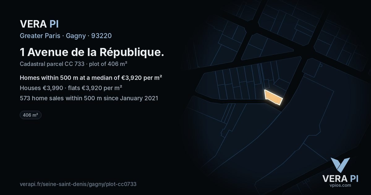 1 Avenue de la République, Gagny at night – the plot lit, the parcels around coloured by the prices near them