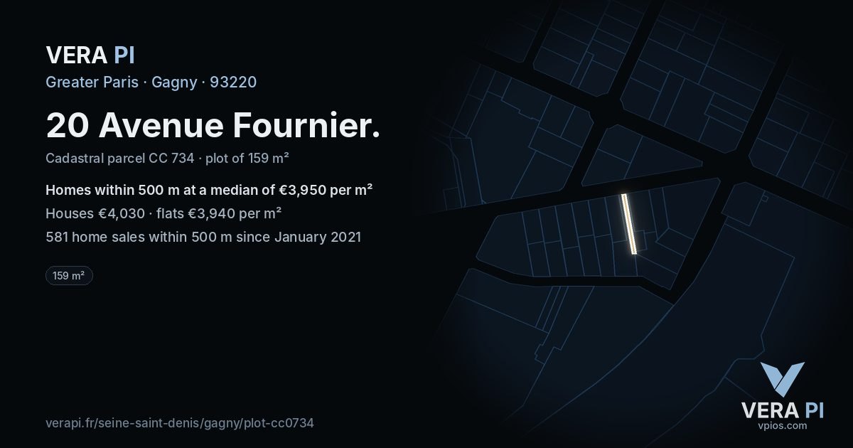 20 Avenue Fournier, Gagny at night – the plot lit, the parcels around coloured by the prices near them