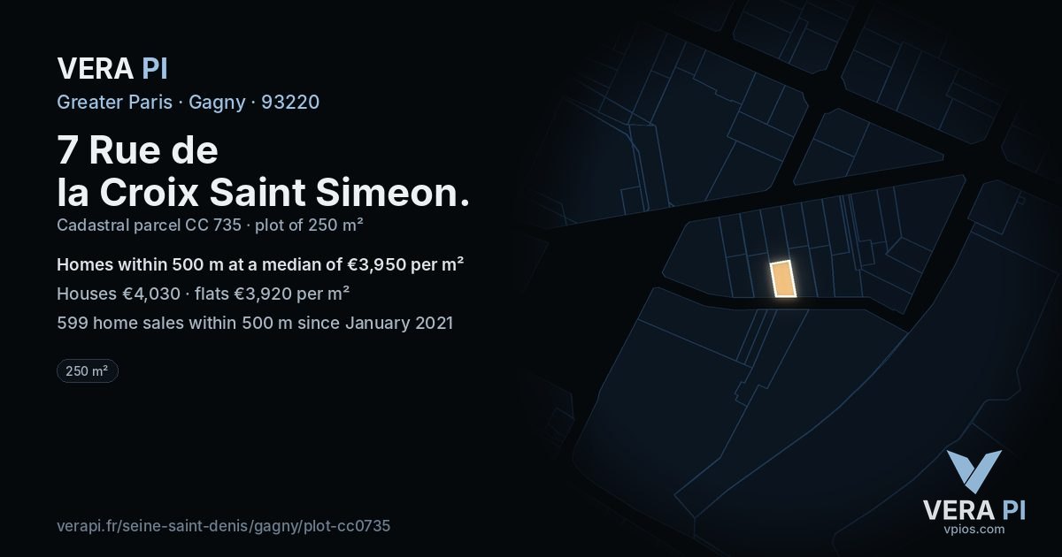 7 Rue de la Croix Saint Simeon, Gagny at night – the plot lit, the parcels around coloured by the prices near them
