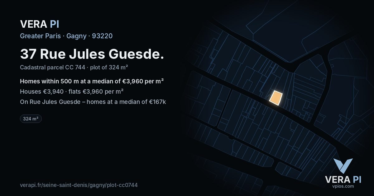 37 Rue Jules Guesde, Gagny at night – the plot lit, the parcels around coloured by the prices near them