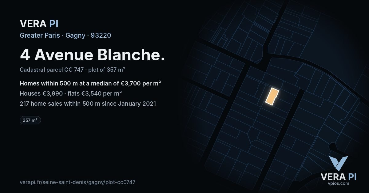 4 Avenue Blanche, Gagny at night – the plot lit, the parcels around coloured by the prices near them