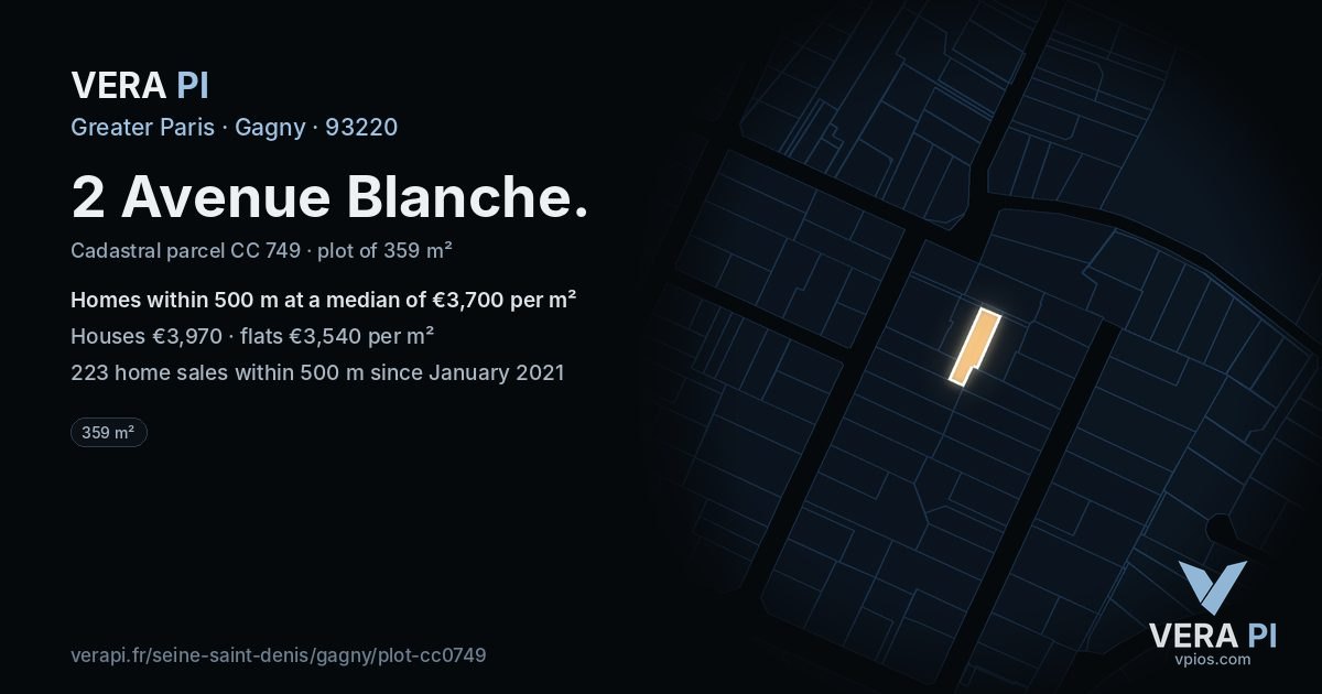 2 Avenue Blanche, Gagny at night – the plot lit, the parcels around coloured by the prices near them