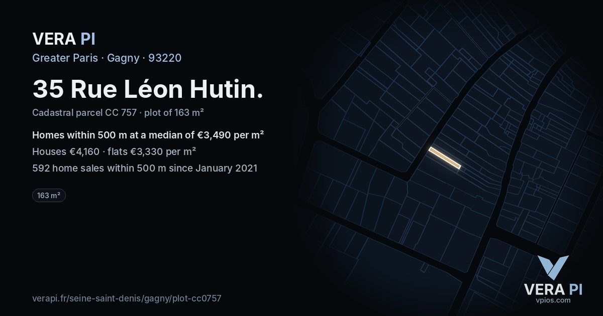 35 Rue Léon Hutin, Gagny at night – the plot lit, the parcels around coloured by the prices near them