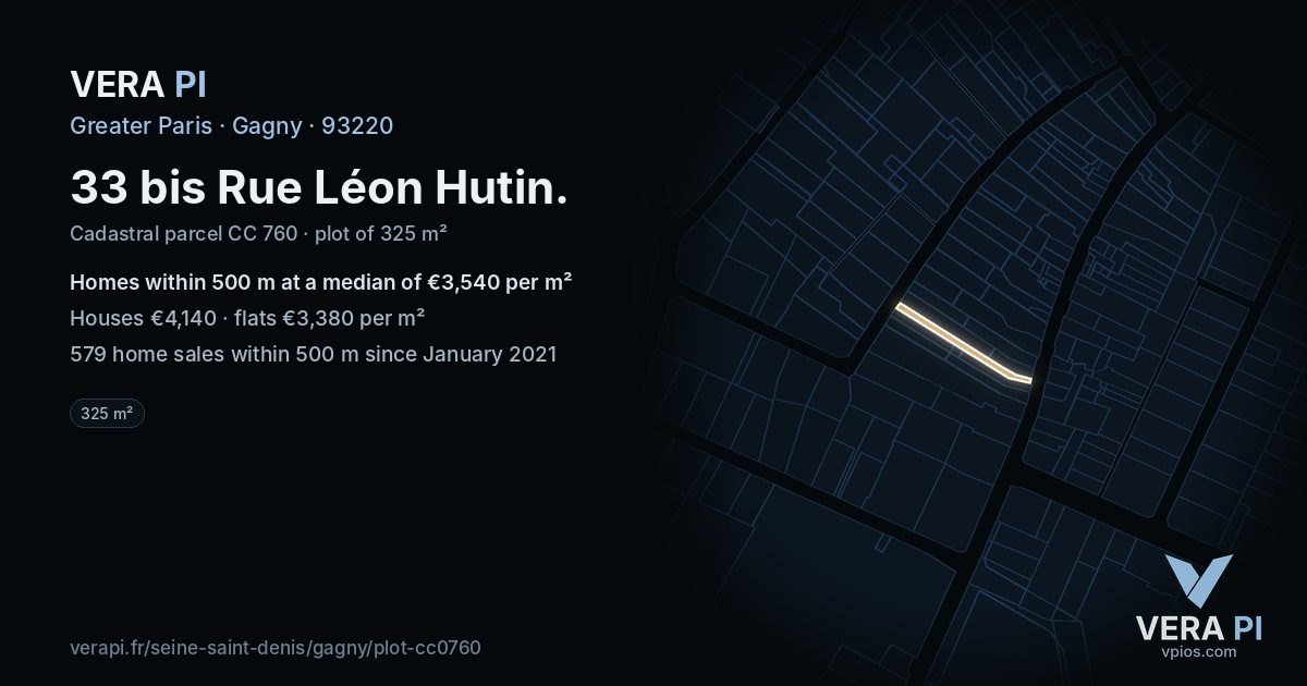 33 bis Rue Léon Hutin, Gagny at night – the plot lit, the parcels around coloured by the prices near them