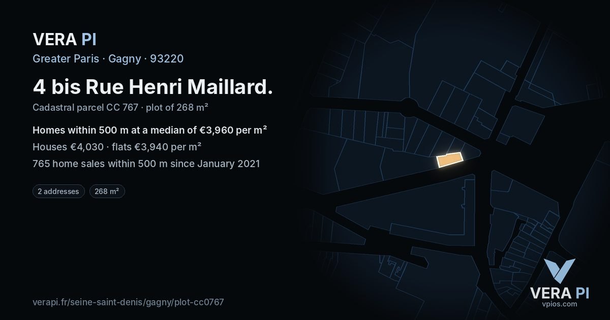 4 bis Rue Henri Maillard, Gagny at night – the plot lit, the parcels around coloured by the prices near them