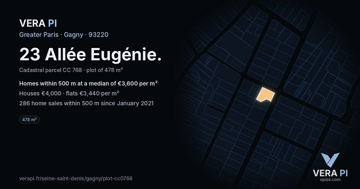 23 Allée Eugénie, Gagny at night – the plot lit, the parcels around coloured by the prices near them