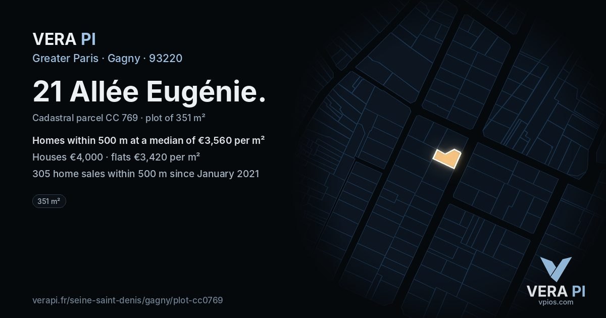 21 Allée Eugénie, Gagny at night – the plot lit, the parcels around coloured by the prices near them