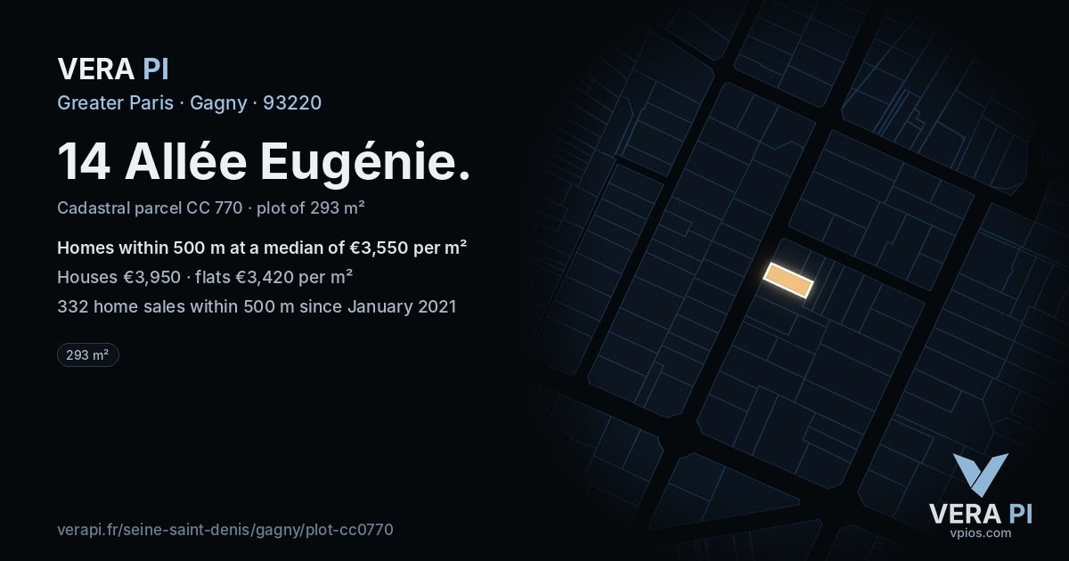 14 Allée Eugénie, Gagny at night – the plot lit, the parcels around coloured by the prices near them