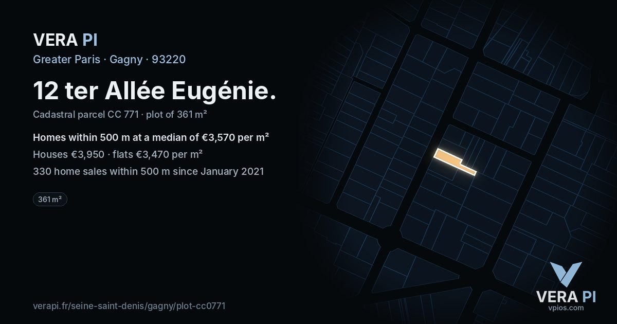 12 ter Allée Eugénie, Gagny at night – the plot lit, the parcels around coloured by the prices near them