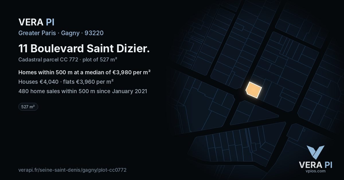 11 Boulevard Saint Dizier, Gagny at night – the plot lit, the parcels around coloured by the prices near them
