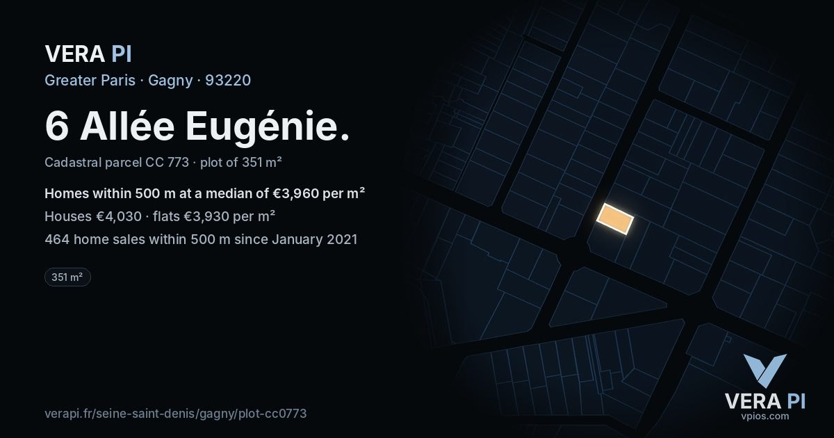 6 Allée Eugénie, Gagny at night – the plot lit, the parcels around coloured by the prices near them