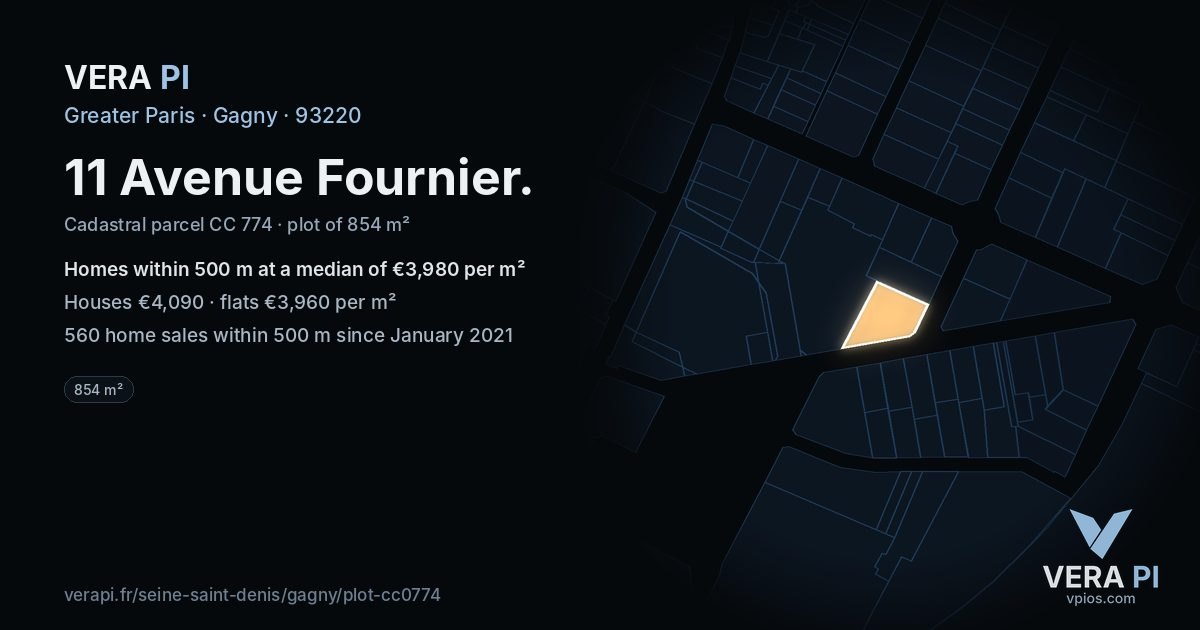 11 Avenue Fournier, Gagny at night – the plot lit, the parcels around coloured by the prices near them