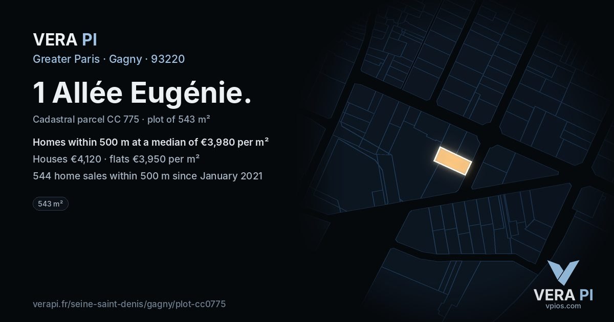 1 Allée Eugénie, Gagny at night – the plot lit, the parcels around coloured by the prices near them