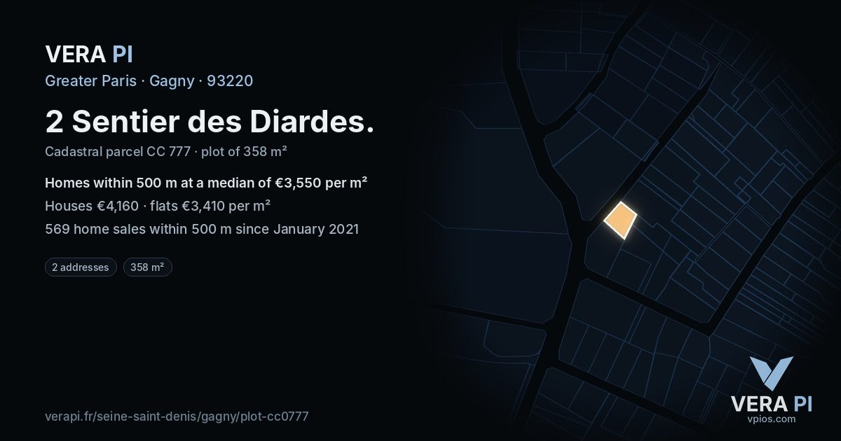 2 Sentier des Diardes, Gagny at night – the plot lit, the parcels around coloured by the prices near them