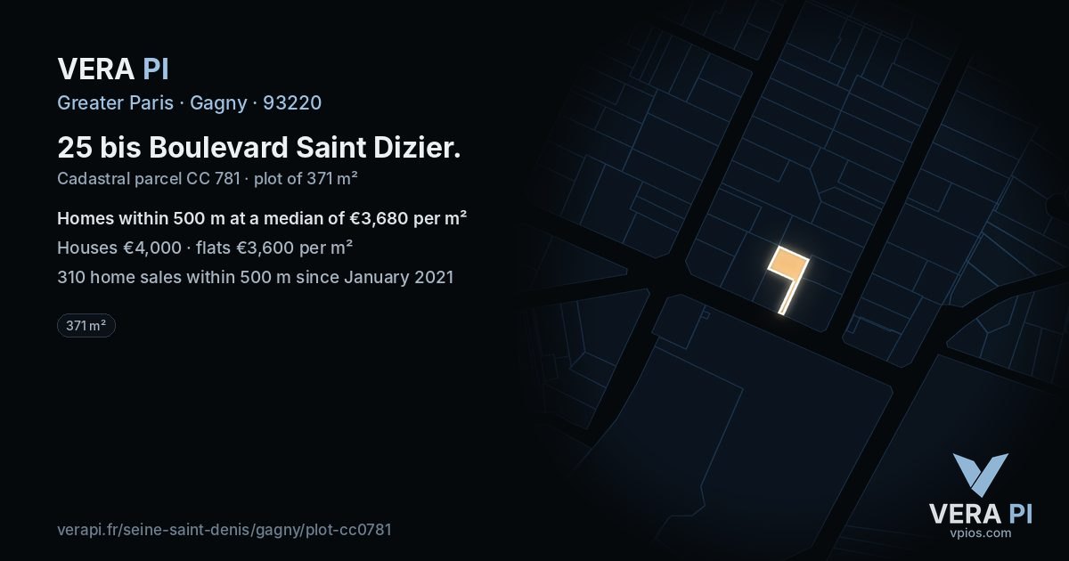 25 bis Boulevard Saint Dizier, Gagny at night – the plot lit, the parcels around coloured by the prices near them