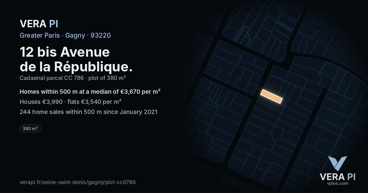 12 bis Avenue de la République, Gagny at night – the plot lit, the parcels around coloured by the prices near them