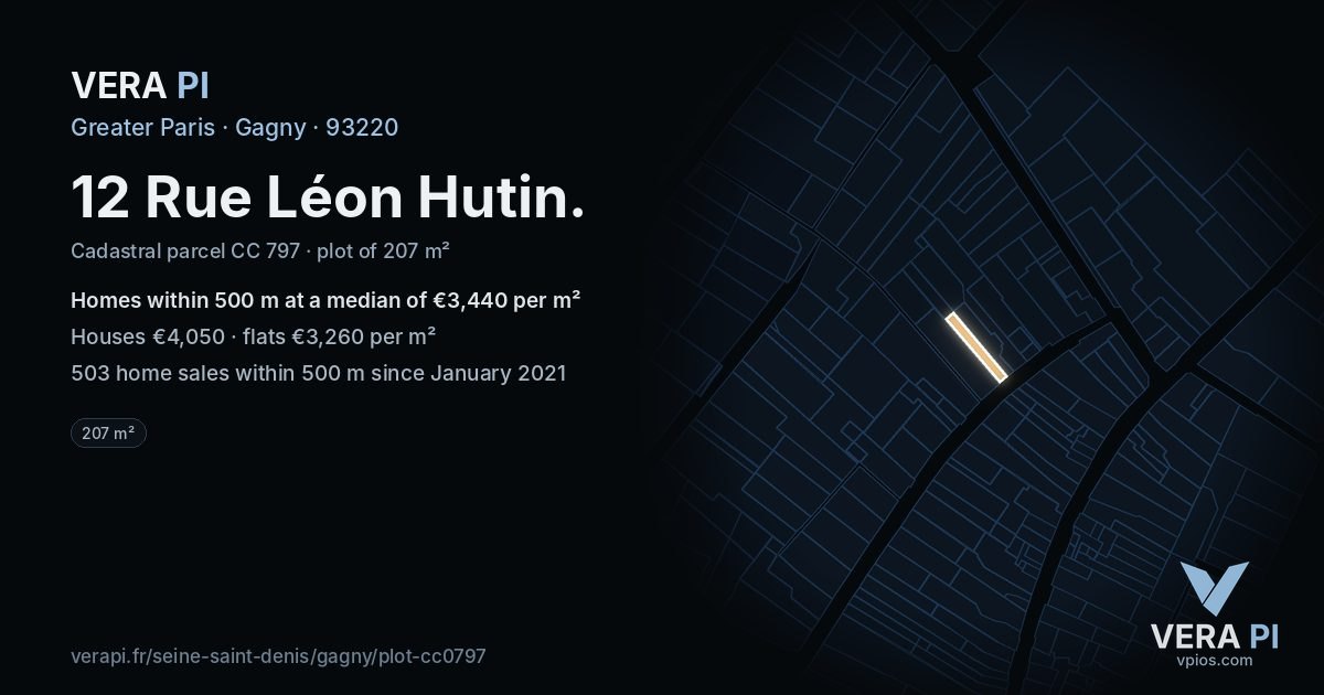 12 Rue Léon Hutin, Gagny at night – the plot lit, the parcels around coloured by the prices near them