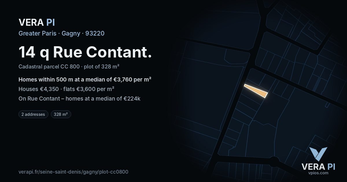 14 q Rue Contant, Gagny at night – the plot lit, the parcels around coloured by the prices near them