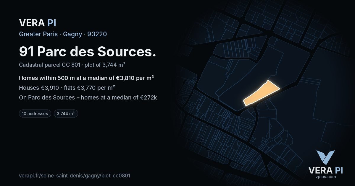 91 Parc des Sources, Gagny at night – the plot lit, the parcels around coloured by the prices near them