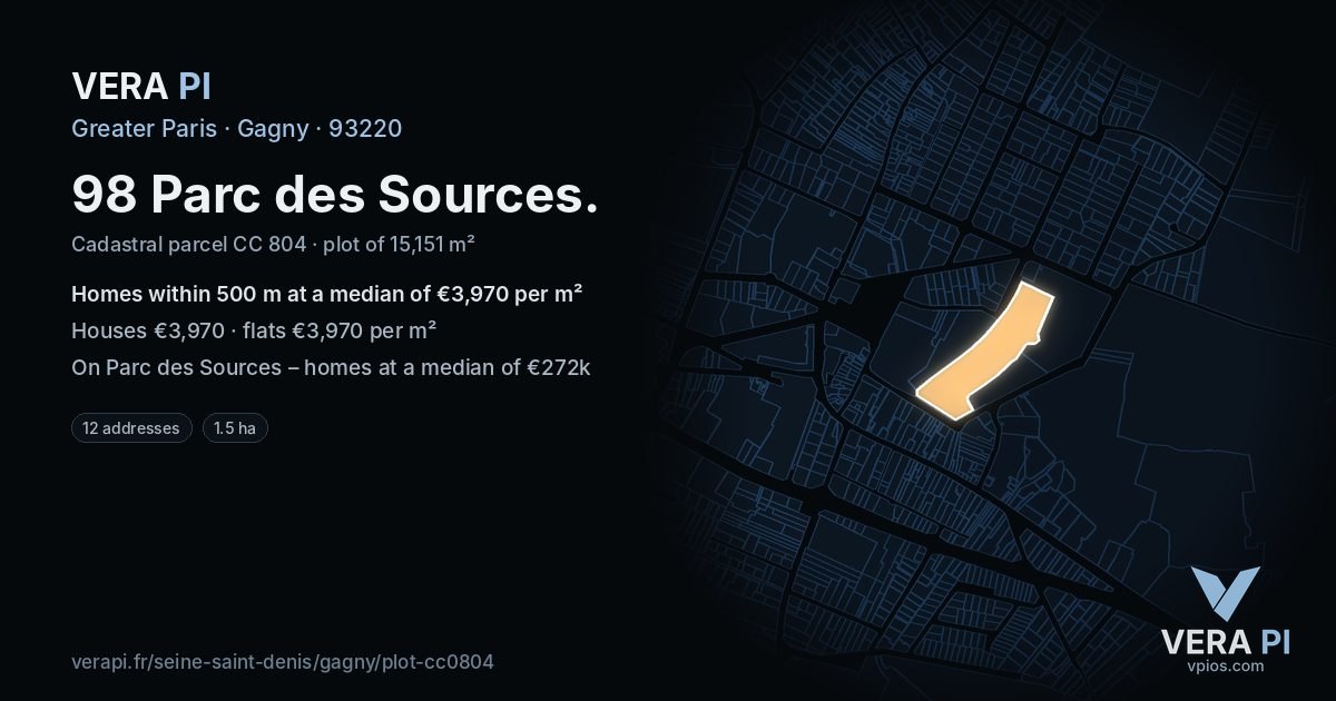 98 Parc des Sources, Gagny at night – the plot lit, the parcels around coloured by the prices near them