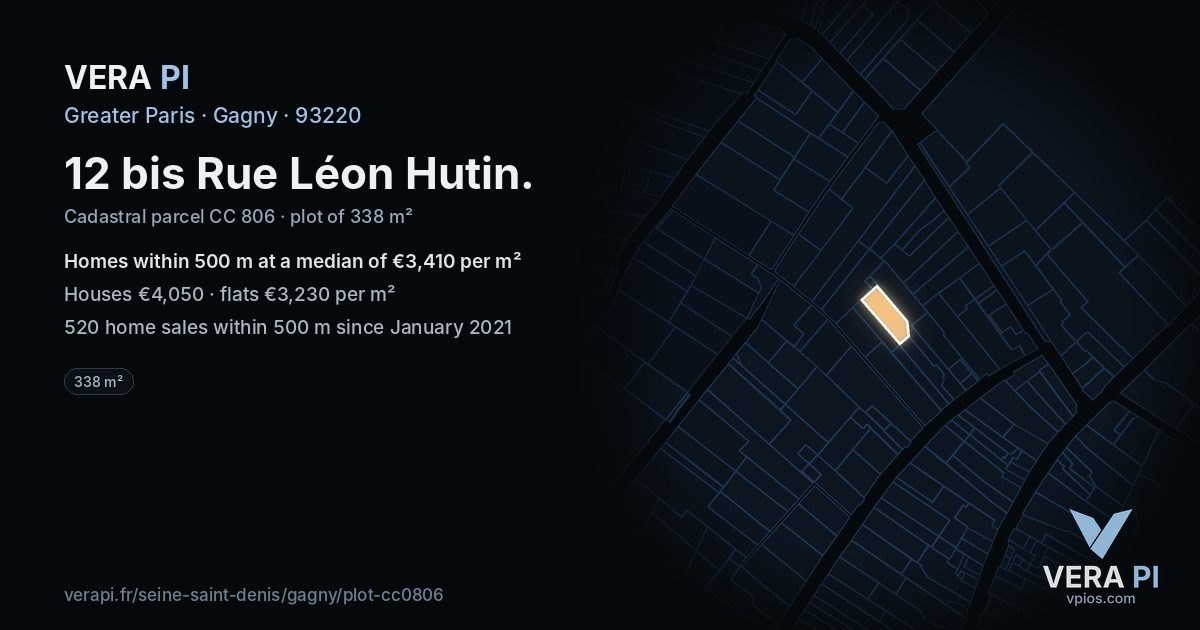12 bis Rue Léon Hutin, Gagny at night – the plot lit, the parcels around coloured by the prices near them
