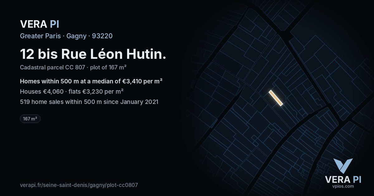 12 bis Rue Léon Hutin, Gagny at night – the plot lit, the parcels around coloured by the prices near them