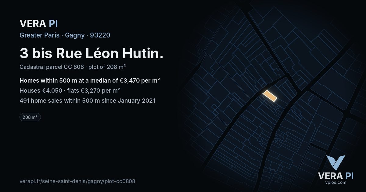 3 bis Rue Léon Hutin, Gagny at night – the plot lit, the parcels around coloured by the prices near them