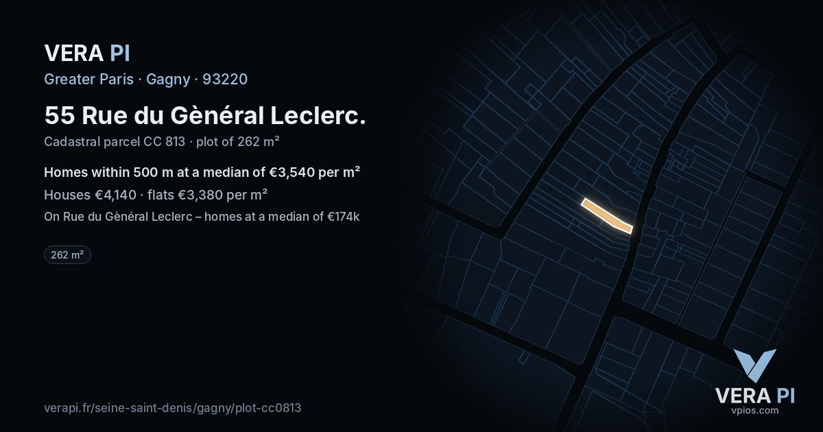 55 Rue du Gènéral Leclerc, Gagny at night – the plot lit, the parcels around coloured by the prices near them