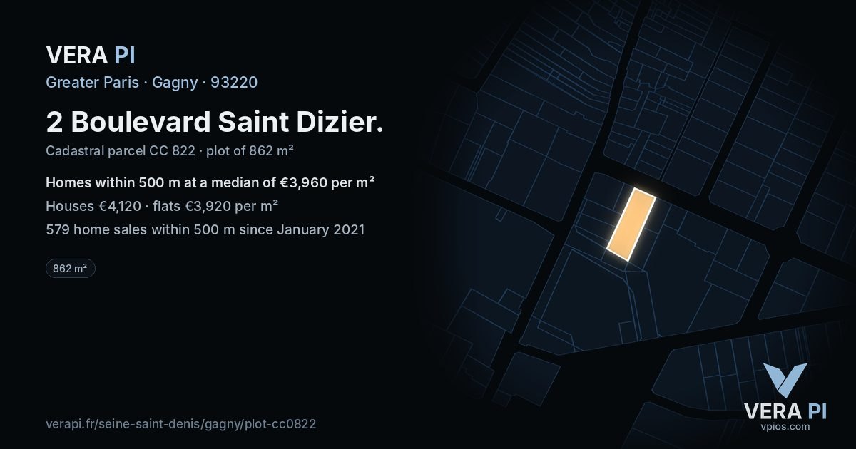 2 Boulevard Saint Dizier, Gagny at night – the plot lit, the parcels around coloured by the prices near them