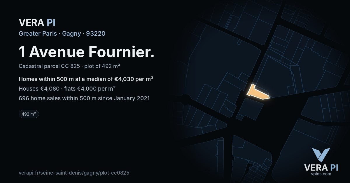 1 Avenue Fournier, Gagny at night – the plot lit, the parcels around coloured by the prices near them