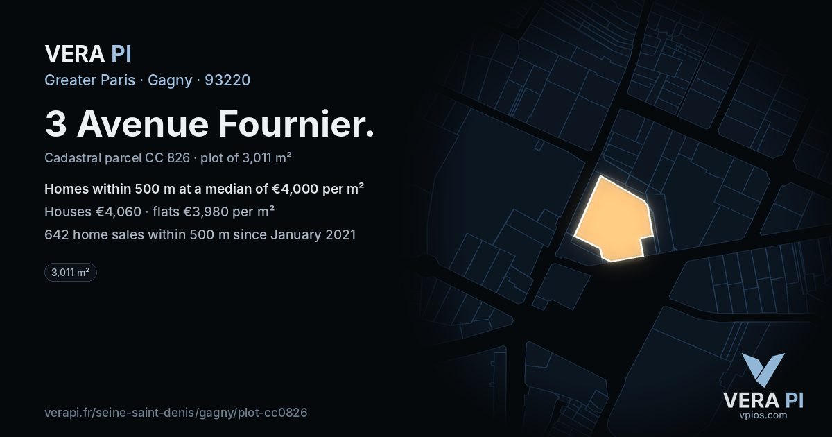 3 Avenue Fournier, Gagny at night – the plot lit, the parcels around coloured by the prices near them