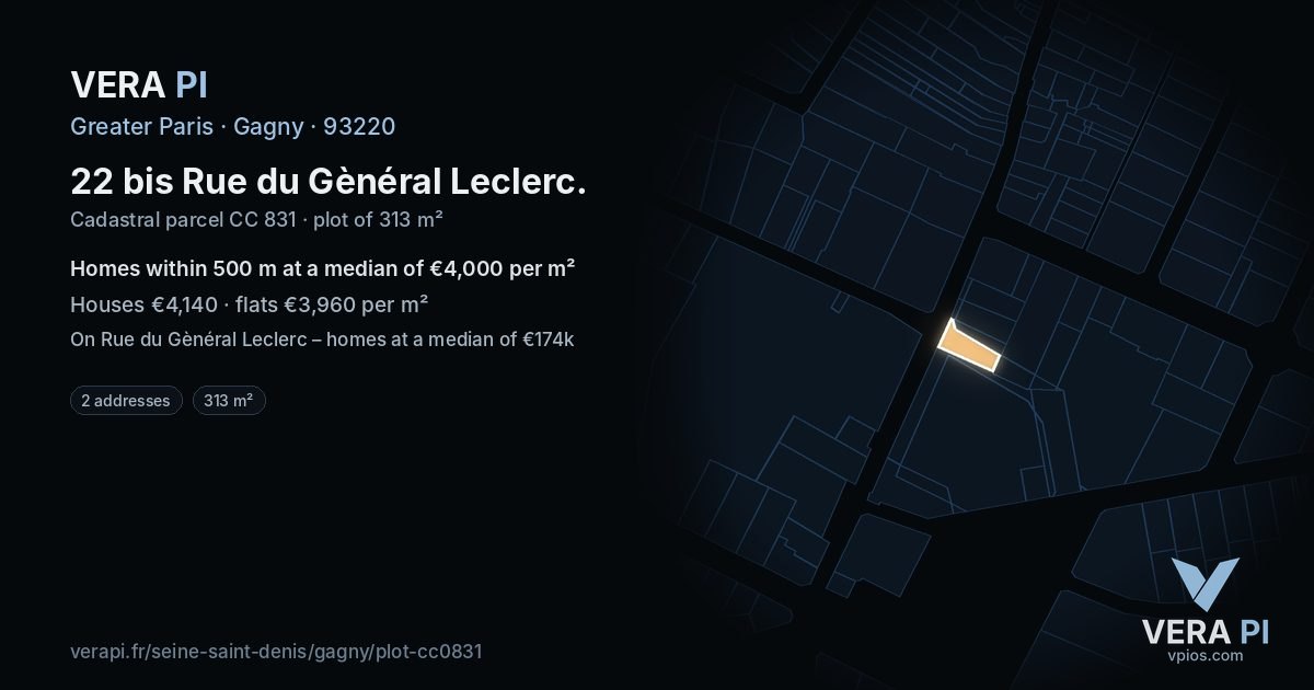 22 bis Rue du Gènéral Leclerc, Gagny at night – the plot lit, the parcels around coloured by the prices near them
