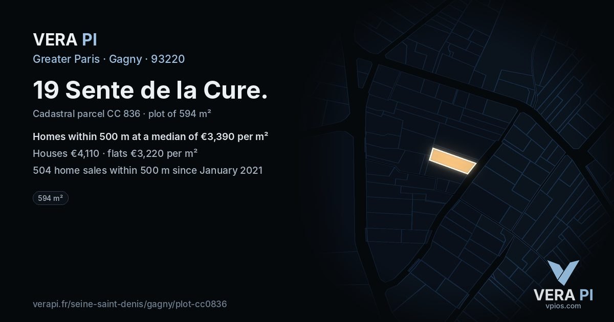 19 Sente de la Cure, Gagny at night – the plot lit, the parcels around coloured by the prices near them