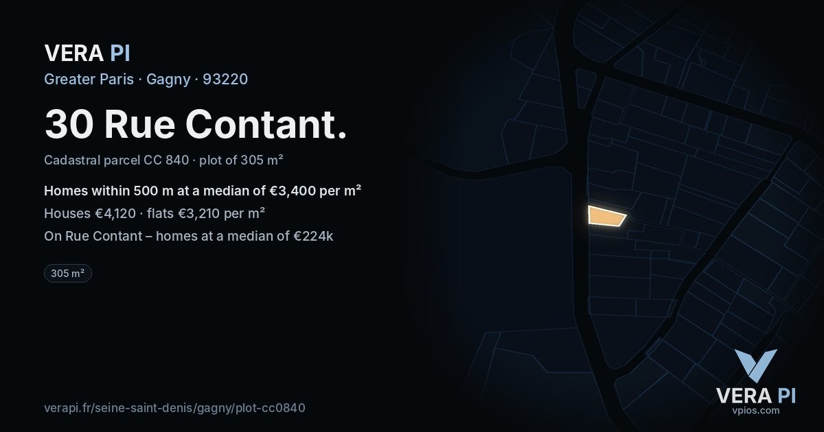 30 Rue Contant, Gagny at night – the plot lit, the parcels around coloured by the prices near them