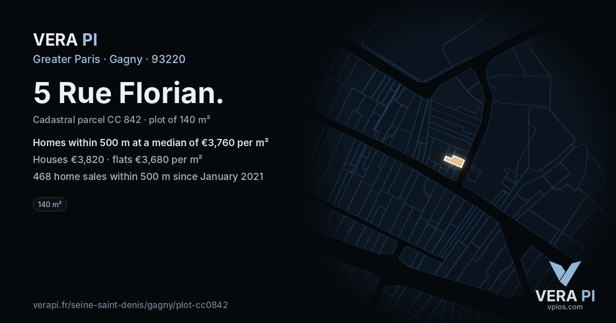 5 Rue Florian, Gagny at night – the plot lit, the parcels around coloured by the prices near them