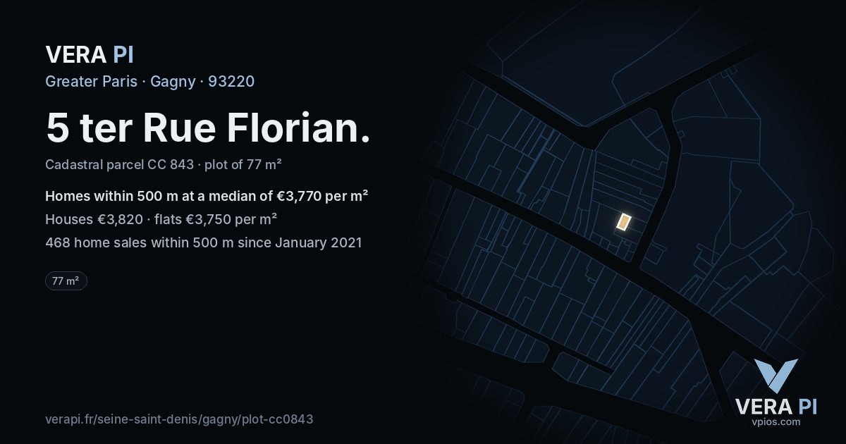 5 ter Rue Florian, Gagny at night – the plot lit, the parcels around coloured by the prices near them