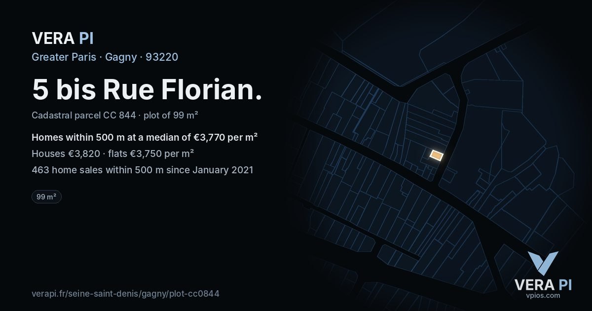5 bis Rue Florian, Gagny at night – the plot lit, the parcels around coloured by the prices near them