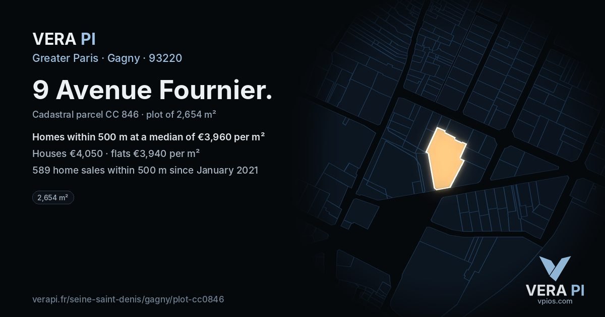 9 Avenue Fournier, Gagny at night – the plot lit, the parcels around coloured by the prices near them