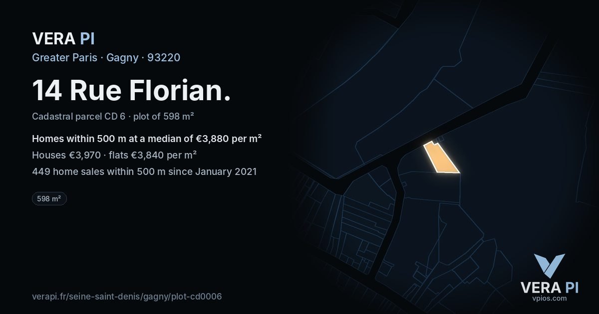14 Rue Florian, Gagny at night – the plot lit, the parcels around coloured by the prices near them