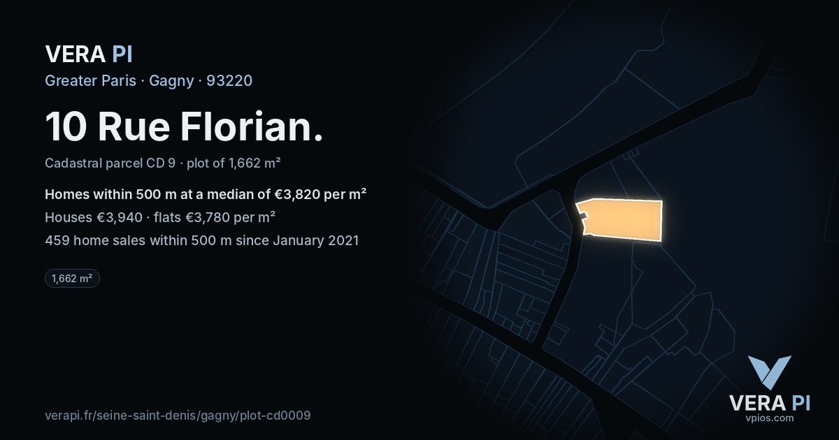 10 Rue Florian, Gagny at night – the plot lit, the parcels around coloured by the prices near them