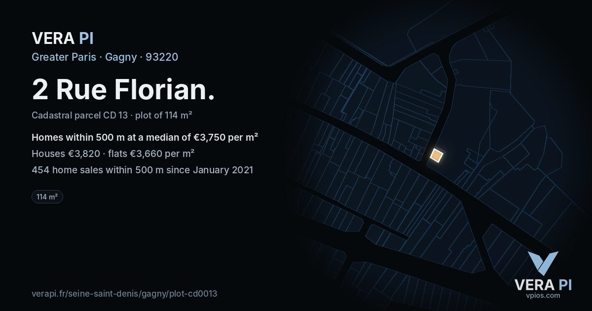 2 Rue Florian, Gagny at night – the plot lit, the parcels around coloured by the prices near them