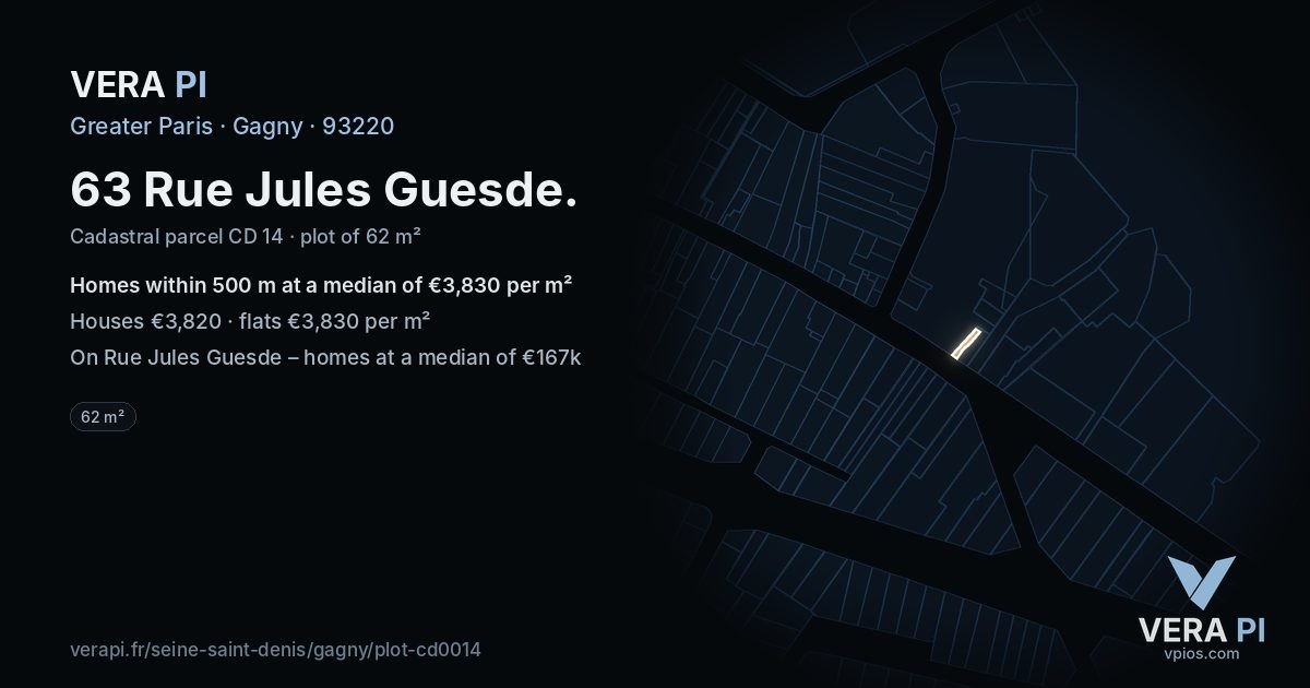 63 Rue Jules Guesde, Gagny at night – the plot lit, the parcels around coloured by the prices near them