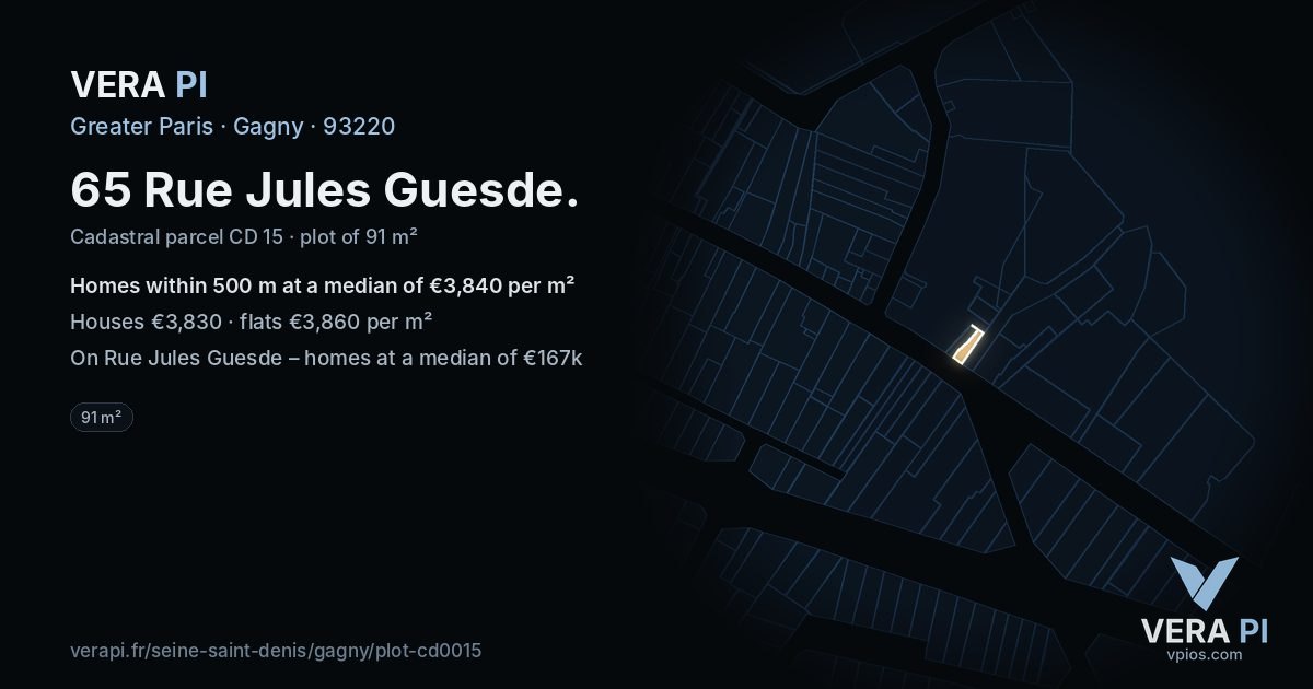 65 Rue Jules Guesde, Gagny at night – the plot lit, the parcels around coloured by the prices near them